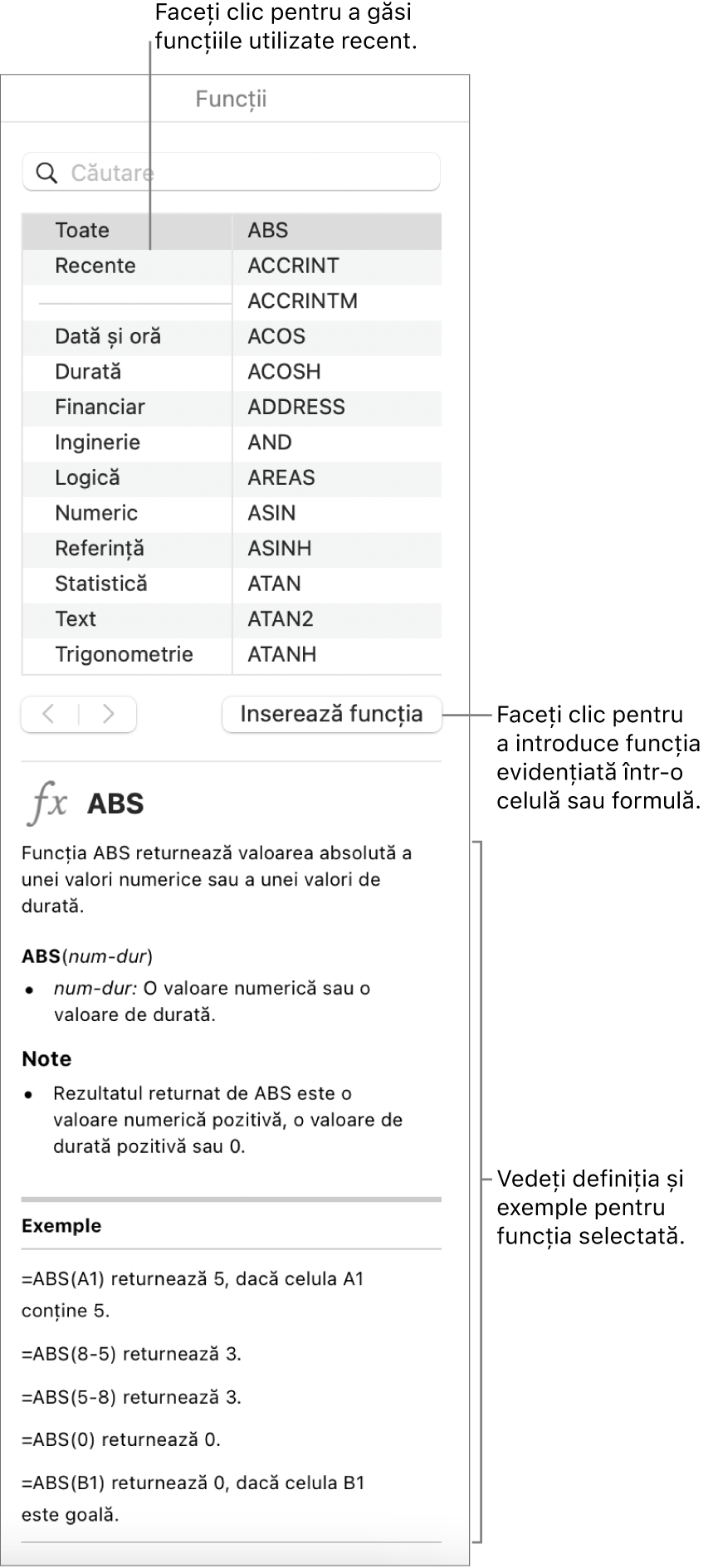 Browserul de funcții cu explicații despre funcțiile utilizate recent, butonul Inserează o funcție și definiția funcției.