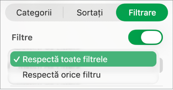 Meniu pop-up pentru a alege între afișarea rândurilor care se potrivesc cu toate filtrele sau cu orice filtru.