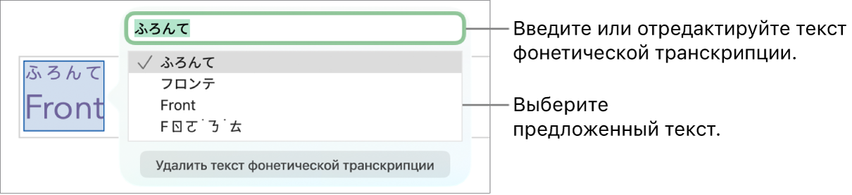 Отображается фонетическая транскрипция слова с вынесенным текстовым полем, содержащим предложенный вариант текста.