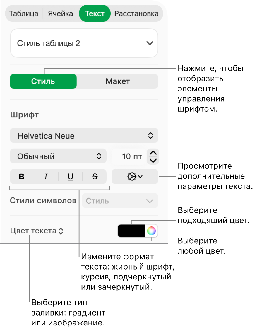 Элементы управления стилем текста в таблице.