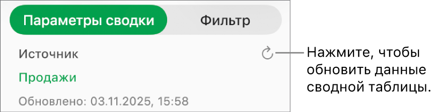 Вкладка «Параметры сводки», отображающая параметр обновления сводной таблицы.