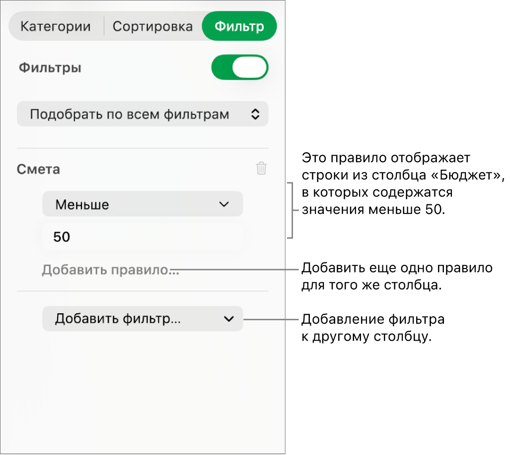 Элементы управления для создания правил фильтрации.