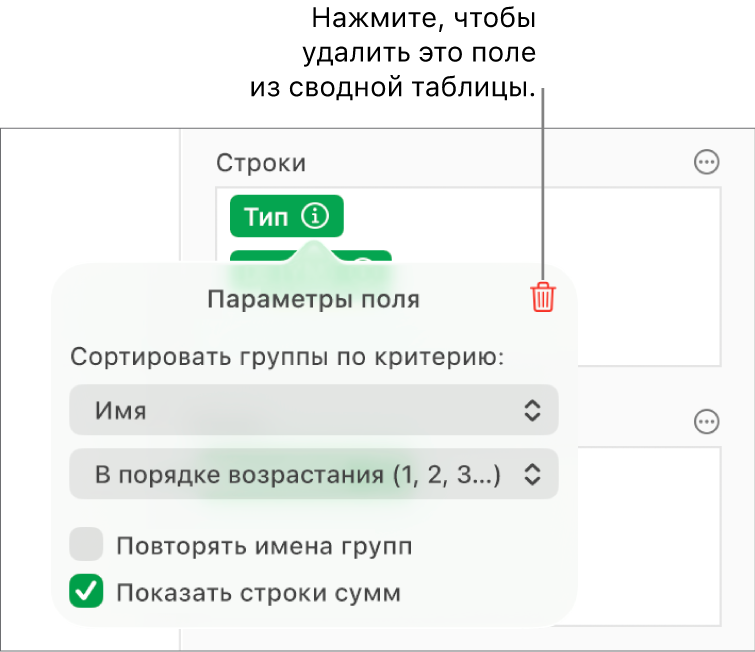 Меню параметров поля, отображающее элементы управления для группировки и сортировки данных, а также для удаления поля.