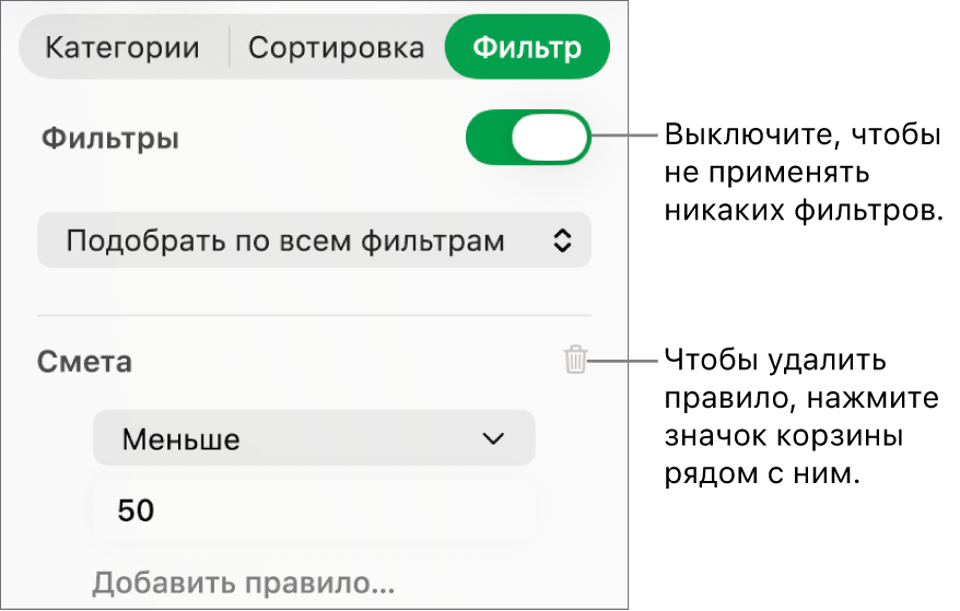 Элементы управления для удаления фильтра или выключения всех фильтров.