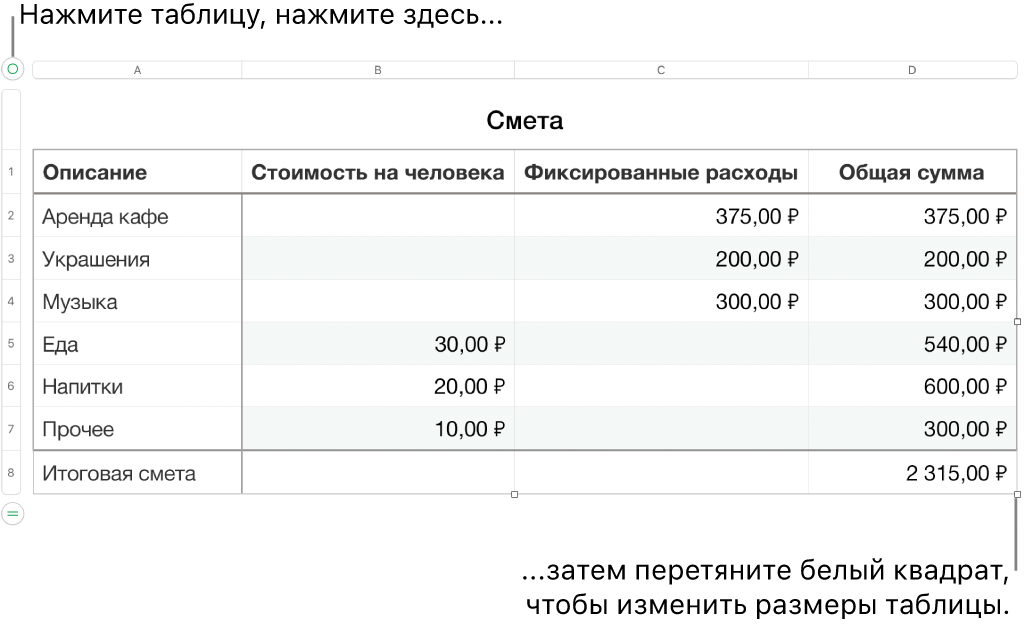 Выбранная таблица с белыми квадратами для изменения размера.