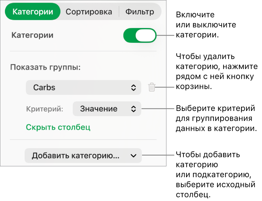 Боковое меню категорий, в котором можно выключить категории, удалить категории, перегруппировать данные, скрыть исходный столбец и добавить категории.