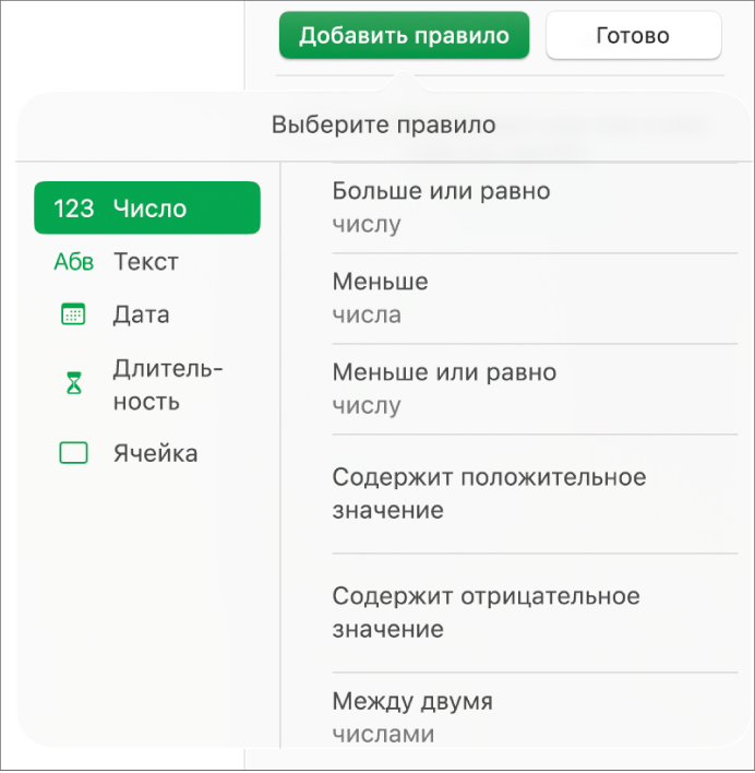 Типы правил выделения ячеек.