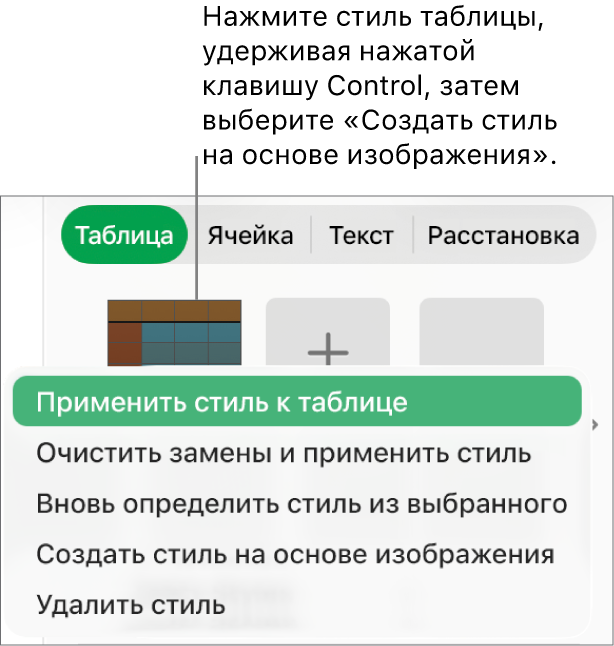 Контекстное меню стиля таблицы.
