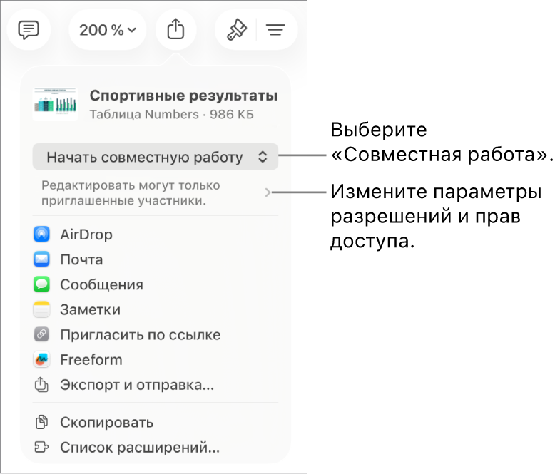 В верхней части экрана отображается меню «Поделиться». Выбран параметр «Совместная работа», под ним находятся настройки прав доступа.