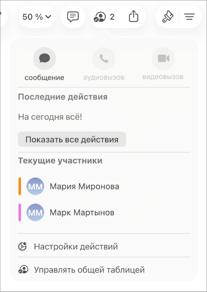 Меню совместной работы, в котором показаны имена людей, совместно работающих над таблицей.
