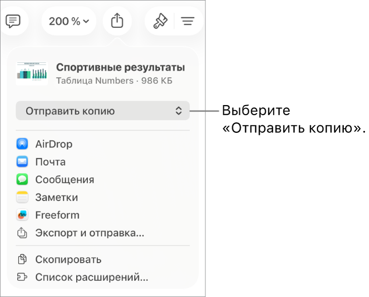 В верхней части меню «Поделиться» выбран параметр «Отправить копию».