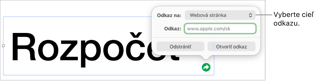 Ovládacie prvky editora odkazov s vybranou položkou Webová stránka a tlačidlami Odstrániť a Otvoriť odkaz v dolnej časti.