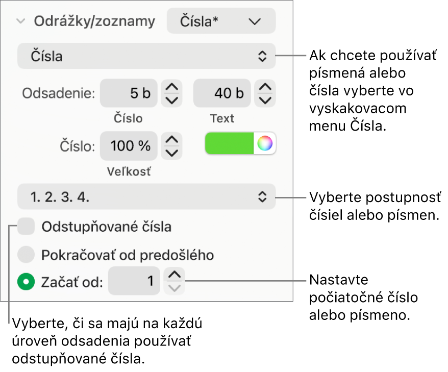Ovládacie prvky na zmenu štýlu číslovania a medzier zoznamu.