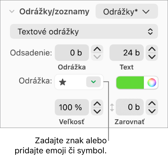 Časť Odrážky a zoznamy postranného panela Formát. Pole Odrážka zobrazuje emoji hviezdy.