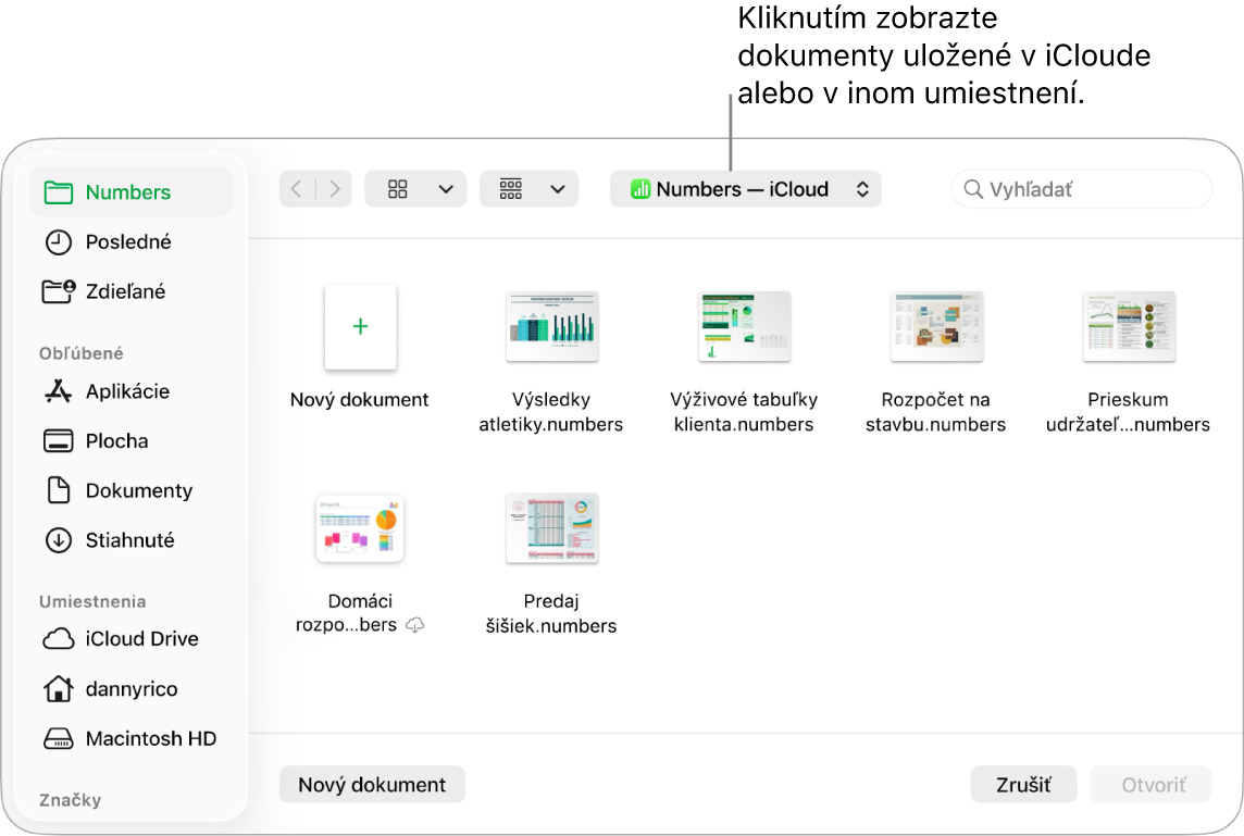 Dialógové okno Otvoriť s postranným panelom naľavo a iCloud Drive vybraný vo vyskakovacom menu navrchu. Priečinky pre Keynote, Numbers a Pages sa objavia v dialógovom okne spolu s tlačidlom Nový dokument.