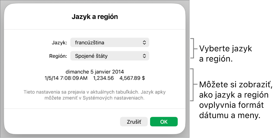 Panel Jazyk a región s ovládacími prvkami pre jazyk a región a príklad formátu dátumu, času, desatinného znaku a meny.