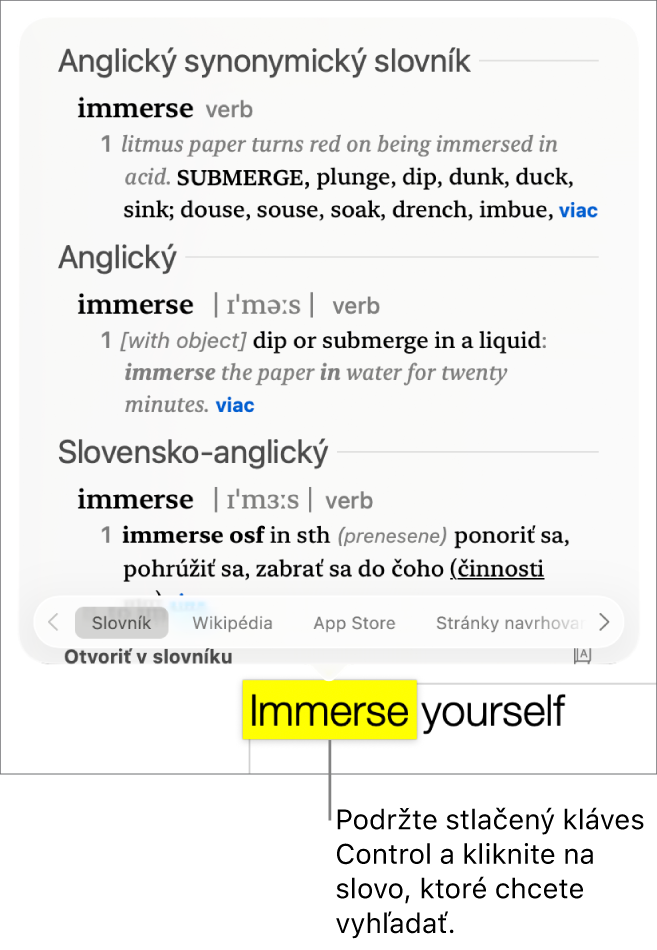 Text so zvýrazneným slovom a okno zobrazujúce jeho definíciu a položku zo synonymického slovníka. Tri tlačidlá v dolnej časti okna poskytujú odkazy na slovník, Wikipédiu a webové stránky, ktoré odporúča Siri.