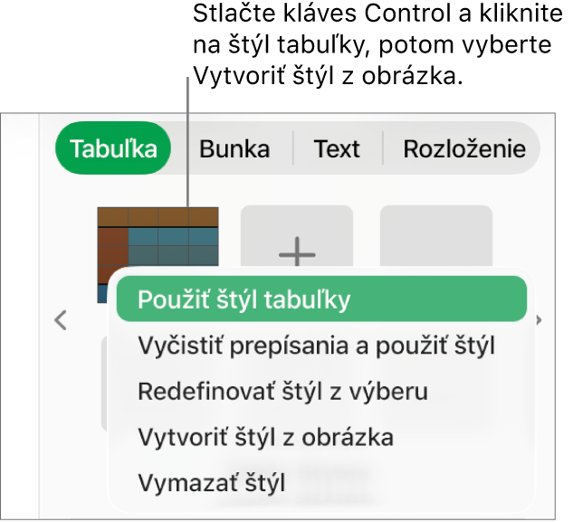 Menu skratiek štýlu tabuľky.