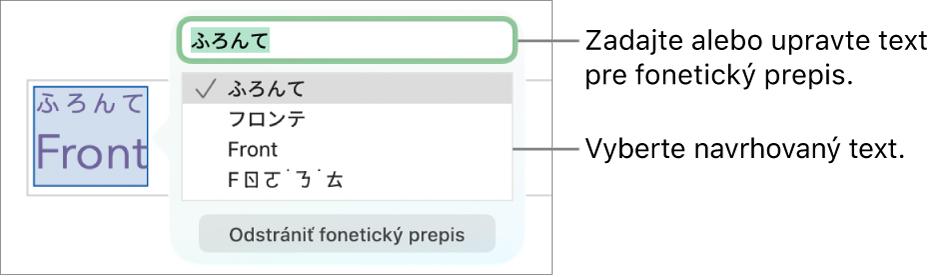 Otvorený fonetický prepis pre označené slovo s textovými bublinami na textovom poli a odporúčaný text.