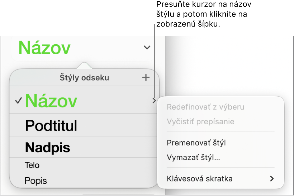 Menu Štýly odseku s otvoreným menu skratiek.