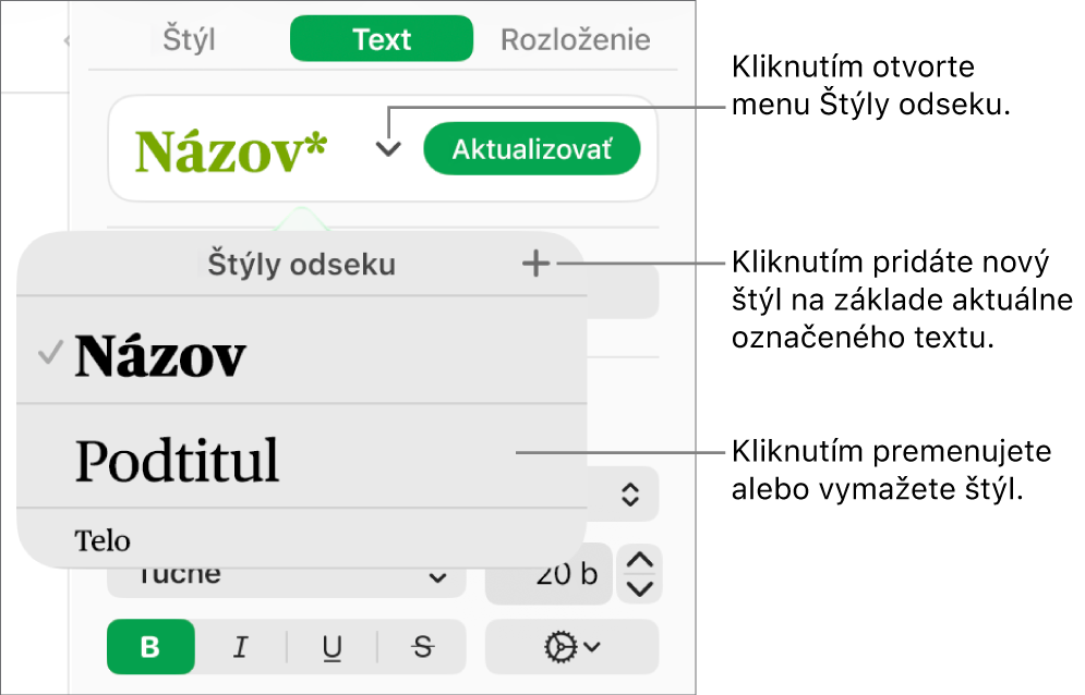 Menu Štýly odseku zobrazujúce ovládacie prvky na pridanie alebo zmenu štýlu.