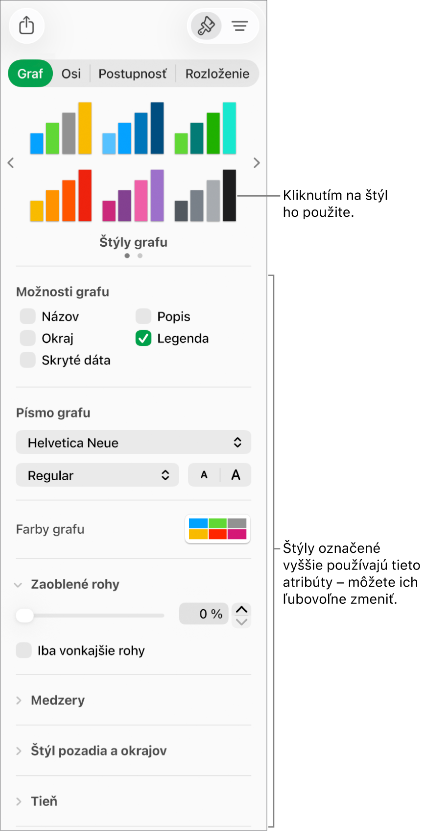 Postranný panel formátovania so zobrazenými ovládacími prvkami na formátovanie grafov.