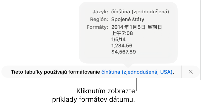 Hlásenie o inom jazyku a nastavení regiónu zobrazujúce príklady formátovania v danom jazyku a regióne.