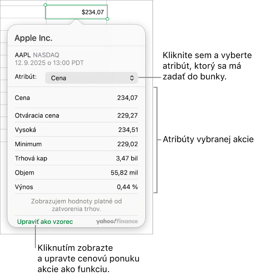 Dialógové okno na zadanie informácií o vlastnostiach akcie s vybranou akciou spoločnosti Apple