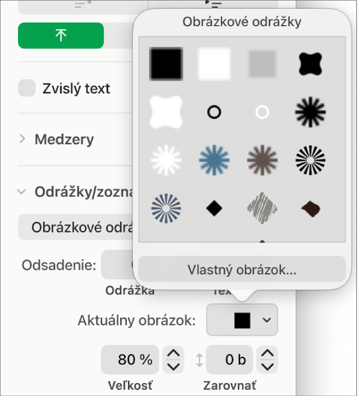 Vyskakovacie menu Obrázkové odrážky.