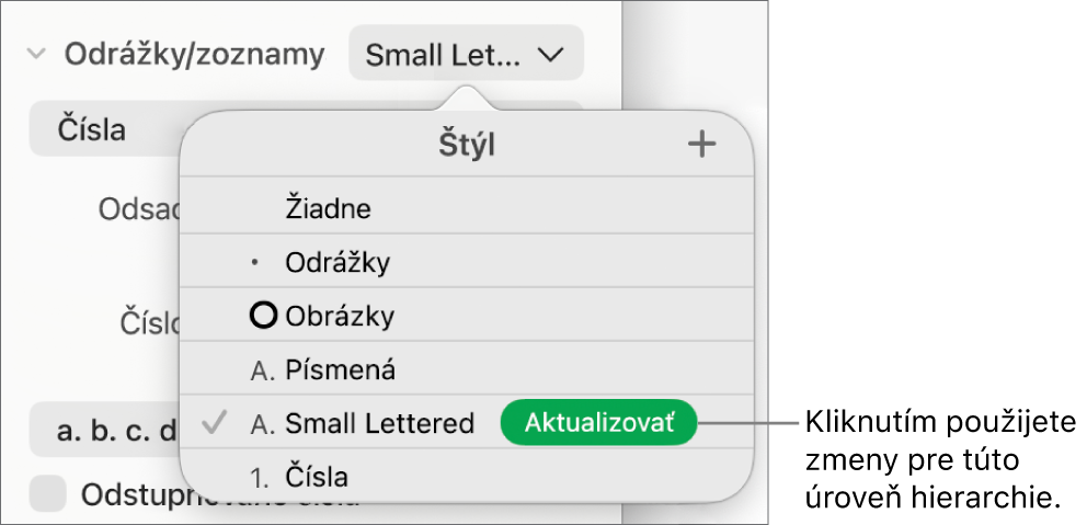 Vyskakovacie menu Štýly zoznamu s tlačidlom Aktualizovať vedľa názvu nového štýlu.