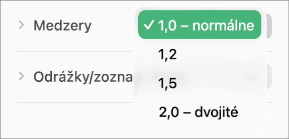 Vyskakovacie menu Medzery s možnosťami Jednoduché, Dvojité a ďalšími možnosťami.