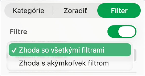 Vyskakovacie menu na výber medzi zobrazením riadkov, ktoré zodpovedajú všetkým filtrom alebo niektorému z filtrov.