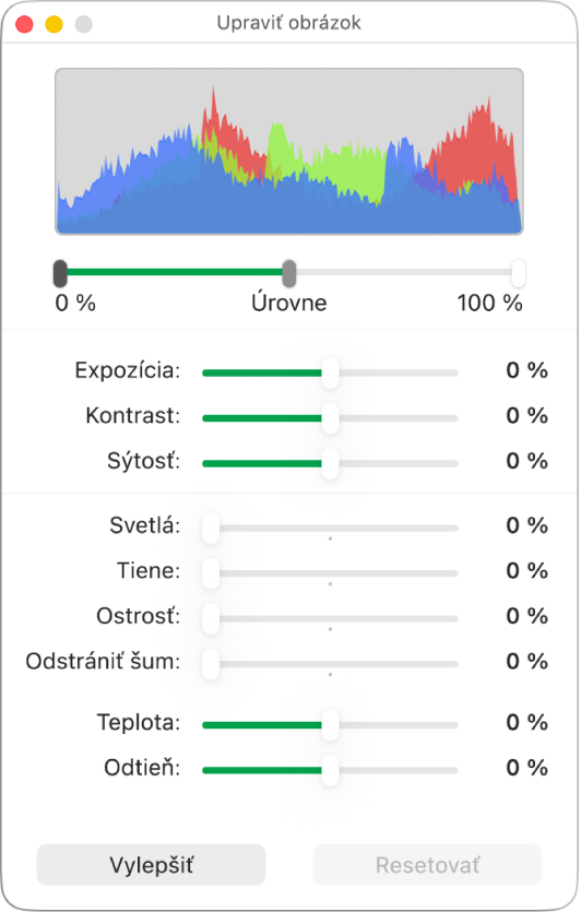 Okno Upraviť obrázok s posuvníkmi na nastavenie expozície, kontrastu, sýtosti, zvýraznení, tieňov, ostrosti, šumu, teploty a zafarbenia.