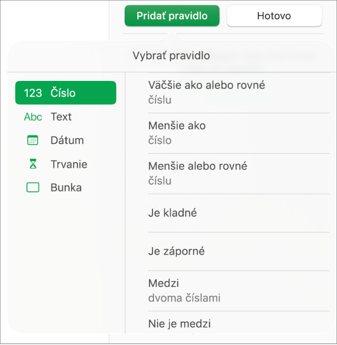 Typy pravidiel na zvýraznenie bunky.