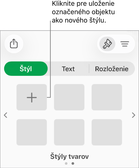 Záložka Štýl postranného panela Formát so štyrmi štýlmi obrázkov, tlačidlom Vytvoriť štýl a prázdnym vzorovým štýlom.