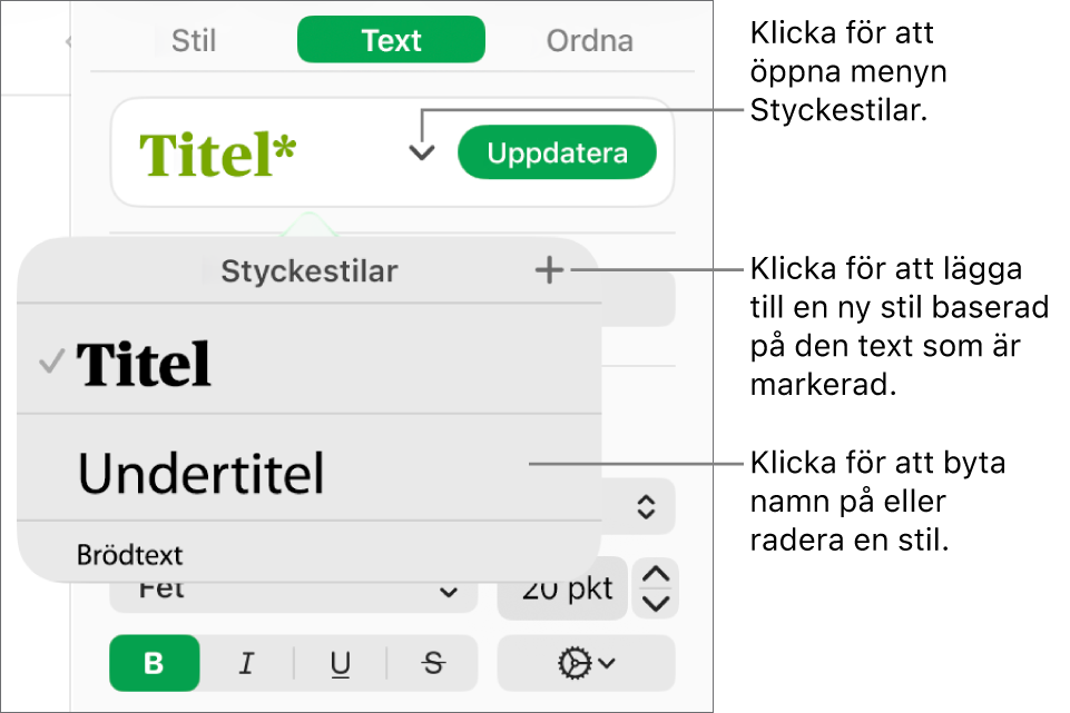 Menyn Styckestilar med reglage för att lägga till eller ändra en stil.