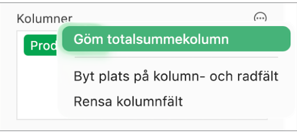 Menyn Fler fältalternativ som visar reglagen för att gömma totalsummor, byta plats på kolumn- och radfält och rensa fält.