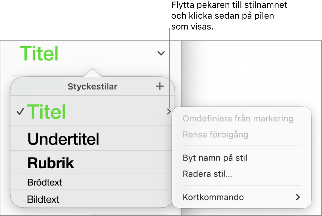 Menyn Styckestilar med öppen kontextmeny.