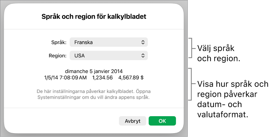 Panelen Språk och region med reglage för språk och region samt ett formatexempel med datum, tid, decimal och valuta.