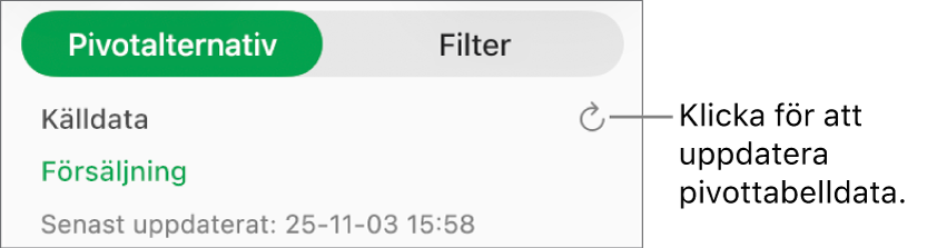 Fliken Pivotalternativ visar alternativet att uppdatera pivottabellen.