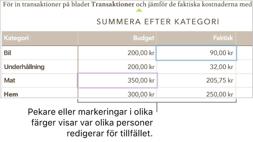 Pekare eller markeringar i olika färger visar var andra redigerar för tillfället.