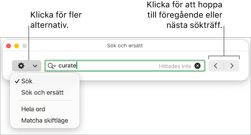 Fönstret Sök och ersätt med popupmenyn som visar alternativ för Sök, Sök och ersätt, Hela ord och Matcha skiftläge. Med pilarna till höger kan du hoppa till föregående eller nästa sökträffar.