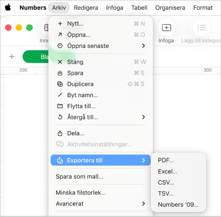 Öppen Arkiv-meny med Exportera till markerat. Undermenyn visar exportalternativ som PDF, Excel och CSV.