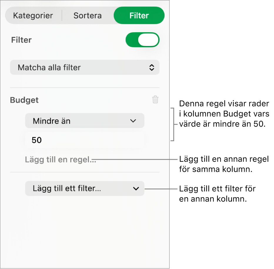 Reglage för att skapa filtreringsregler.