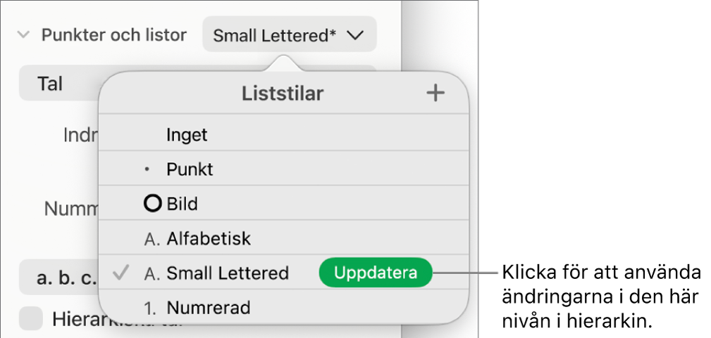 Popupmenyn Liststilar med knappen Uppdatera bredvid namnet på den nya stilen.