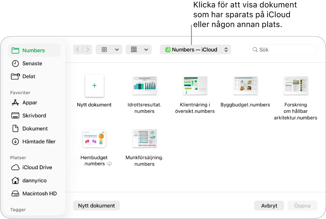 Dialogrutan med sidofältet öppet till vänster och iCloud Drive valt i popupmenyn upptill. Mappar för Keynote, Numbers och Pages visas i dialogrutan tillsammans med knappen Nytt dokument.