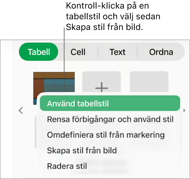 Kontextmenyn för tabellstilar.
