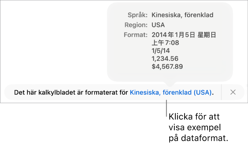 Meddelandet om olika språk- och regioninställningar samt exempel på formatering för det andra språket och den andra regionen.