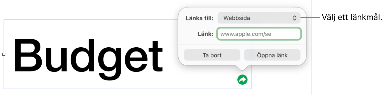 Länkredigerarreglage med Webbsida markerat och knapparna Ta bort och Öppna länk längst ned.