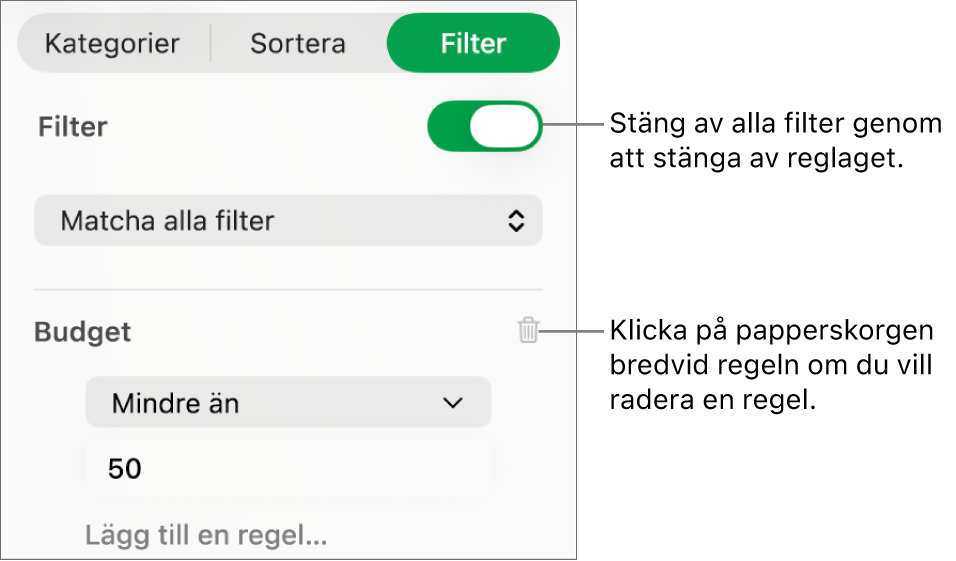 Reglage för att radera ett filter eller stänga av alla filter.